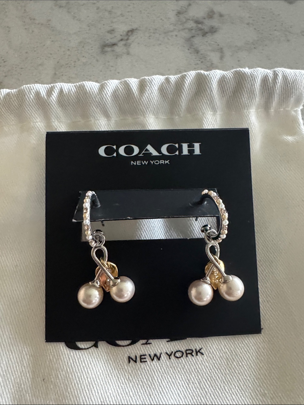 COACH Two-Tone Pearl Drop Hoop Earrings with Gold Leaf Accents - Picture 3 of 6